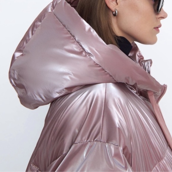 Zara Pink Metallic Shine Hooded Puffer Jacket. - Picture 2 of 7